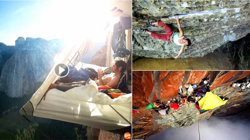 The way climbers rest on the towering cliffs is heart-stopping