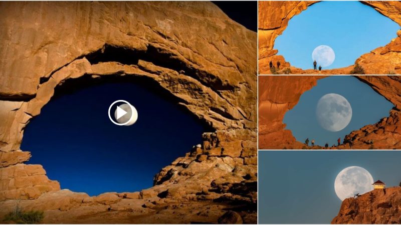 Surreal Moon Photo Looks Like a Huge Eye Peeking Through a Rock Arch in the Desert.