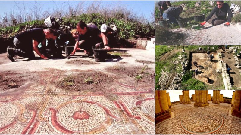 Ancient mosaic floor decorated with colorful floral designs re-uncovered after 40 years