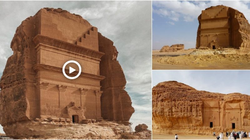 Situated within the archaeological site of Hegra in Saudi Arabia, Qaṣr Al-Farīd, also known as ‘the Lonely Castle,’ stands as the grandest rock-cut tomb. Dating back to the 1st century CE, this magnificent structure is a testament to the architectural marvels of the Nabataean Kingdom.