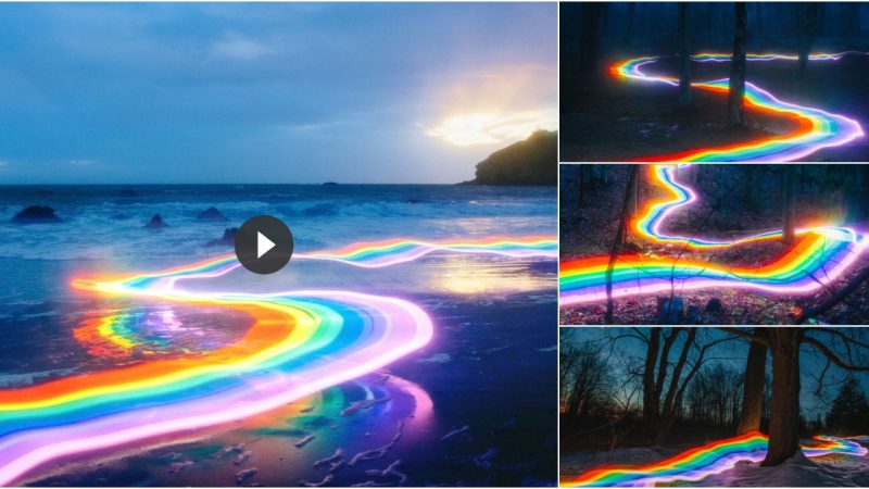 Vivid Rainbow Roads Trace Illuminated Pathways Across Forests and Beaches.