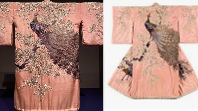 Kimono (embroidered peacock and tree design) from The San Diego Museum of Art. 1910.Silk embroidered on silk crepe.