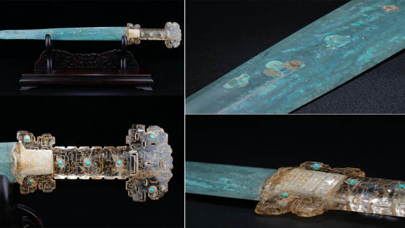 Chinese Bronze Sword with Turquoise-Studded, Gold Inlaid Rock Crystal Hilt from the Warring States Period (4th-2nd Century BC)