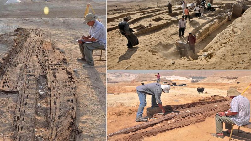 The remnants of a 5,500-year-old ancient Egyptian boat. It was discovered in Abu Rawash, west of Cairo.